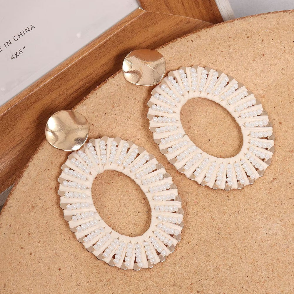 Bohemian Handmade Raffia Beaded Oval Dangle Earrings Woven Geometric Drop Earrings for Women