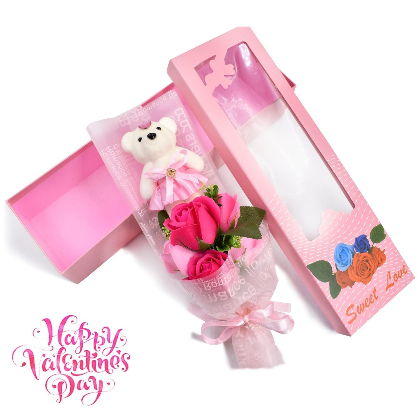 1pc Bear Valentines Romantic Rose Bouquet Flowers Artificial Roses Gift Box Birthday Gift
