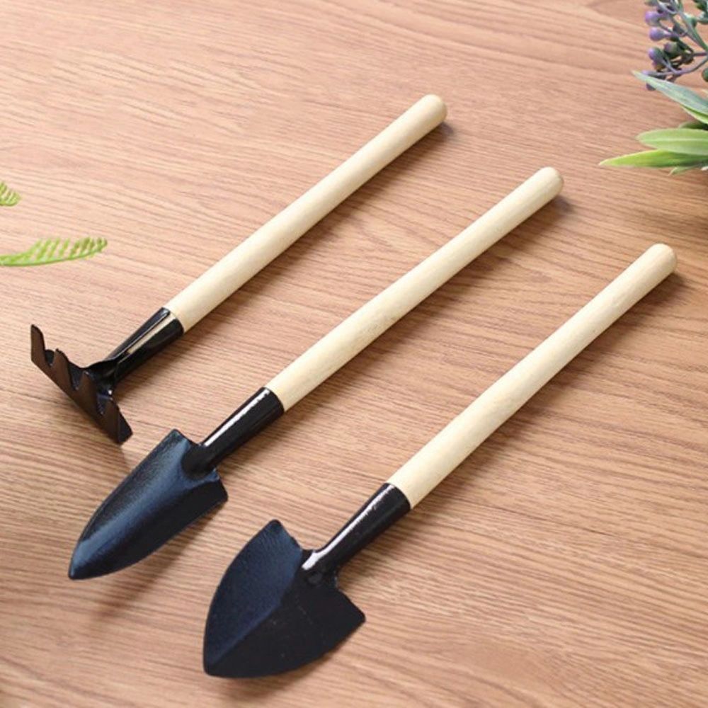3pcs Mini Long Handle Garden Tool Sets Mini Shovel Rake Spade Wooden Handle Metal Head