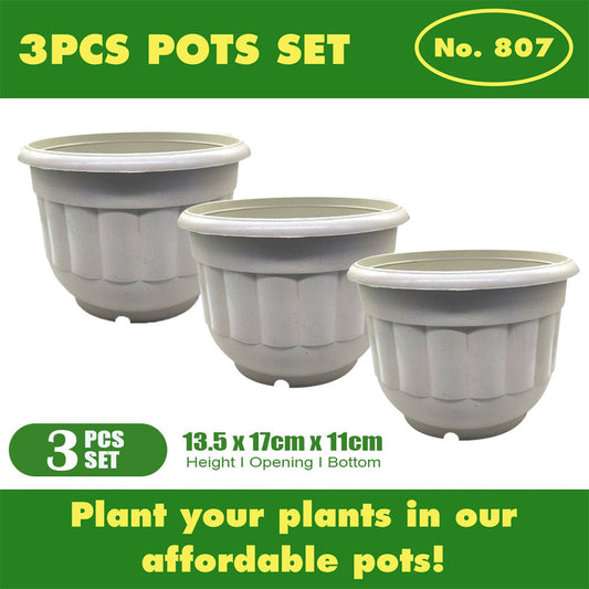 3PCS White and Green Plastic Plant Pots Set No. 807 – Durable Flower Pots for Home & Garden | 13.5x17x11cm Planters