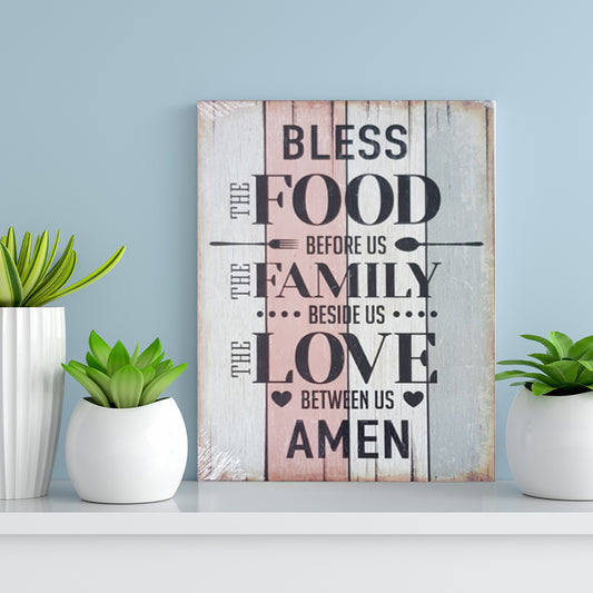 Bless The Food Wall Art - Rustic Kitchen Decor - Family Dining Room Poster - Vintage Inspirational Quote Sign