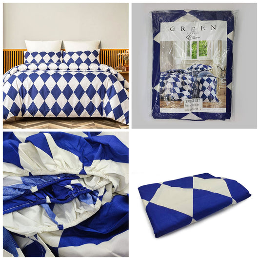 3-in-1 Bedsheet Set - Blue Geometric Pattern Dot Design Fitted Sheet, and Pillow Covers