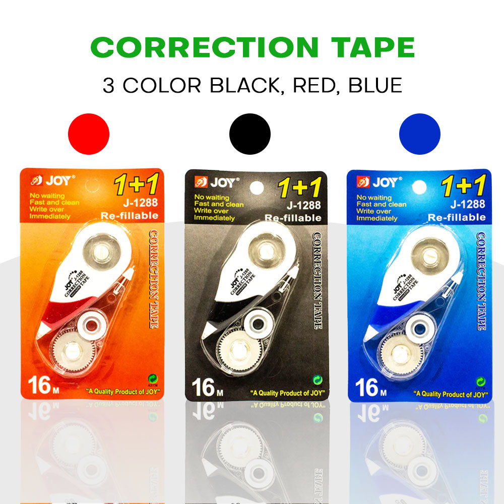 JOY J-1288 Correction Tape 16M | Refillable | Fast & Clean | 3 Colors (Black, Red, Blue) | Office & School Supply