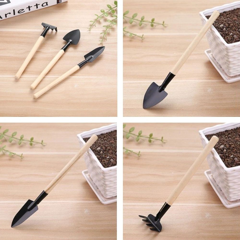 3pcs Mini Long Handle Garden Tool Sets Mini Shovel Rake Spade Wooden Handle Metal Head