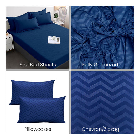 3-in-1 Plain Dark Blue Zigzag Bedsheet Set – Fully Garterized Fitted Sheet with 2 Chevron Design Pillowcases