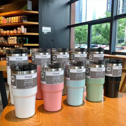 TYESO Vacuum Insulated Bottle Tumbler Portable Stainless Steel 600ml/890ml withStraw and Lid Cover