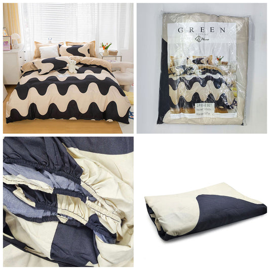 3-in-1 Bedsheet Set - Beige Black Geometric Design Fitted Sheet, and Pillow Covers