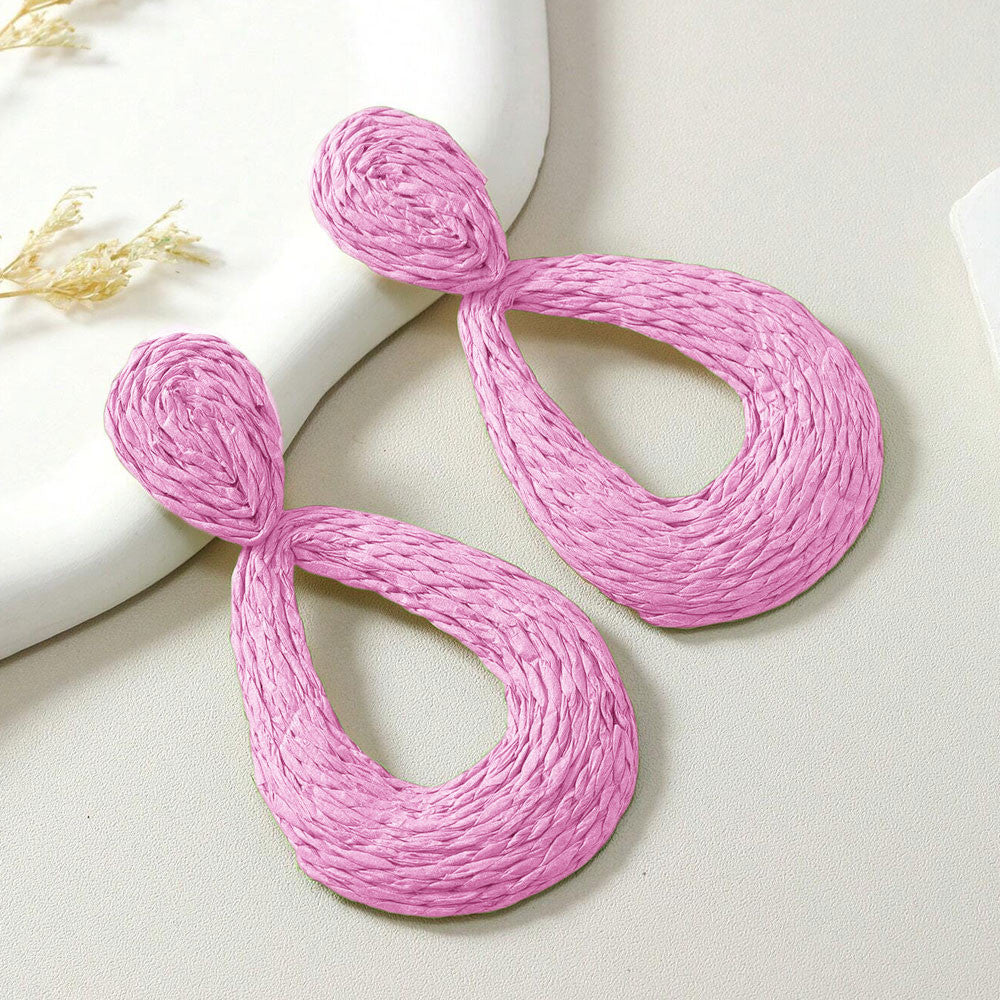 Boho Elegant Raffia Droplet Dangle Earrings – Handwoven Braided Ear Jewelry for Women