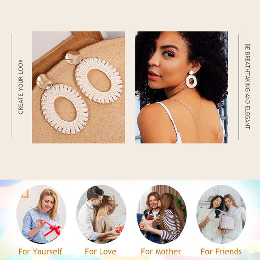 Bohemian Handmade Raffia Beaded Oval Dangle Earrings Woven Geometric Drop Earrings for Women