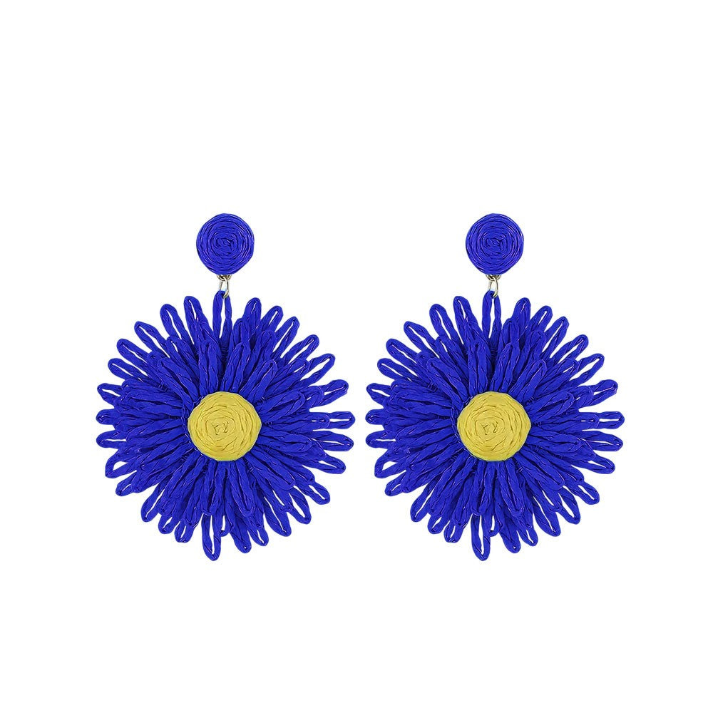 Boho-Chic Raffia Woven Flower Dangle Earrings Colorful, Perfect for Vacations & Parties