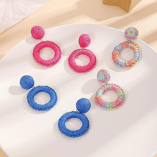 Women’s Raffia Drop Earrings – Boho Summer Beach Statement Rattan Hoop Dangle Earrings