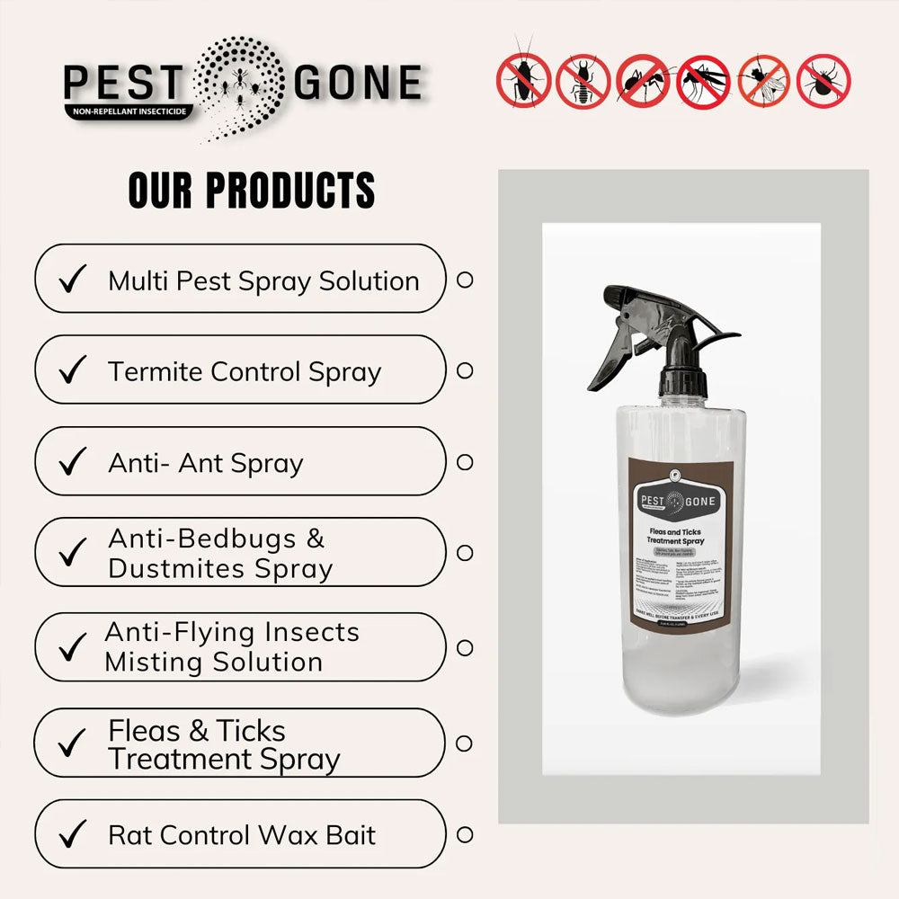 Pest Gone Fleas & Ticks Treatment Spray 1000 ml Odorless Insecticide Solution for Home, Pets, Dogs, Cats Refill Pouch and Sprayer Bottle