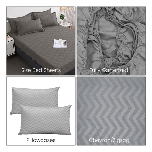 3-in-1 Plain Grey Zigzag Bedsheet Set – Fully Garterized Fitted Sheet with 2 Chevron Design Pillowcases