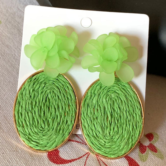 Bohemian Handwoven Raffia Rattan Flower Earrings Romantic Straw Weave Vine Drop Earrings for Women