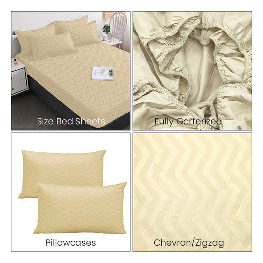 3-in-1 Plain Beige Zigzag Bedsheet Set – Fully Garterized Fitted Sheet with 2 Chevron Design Pillowcases