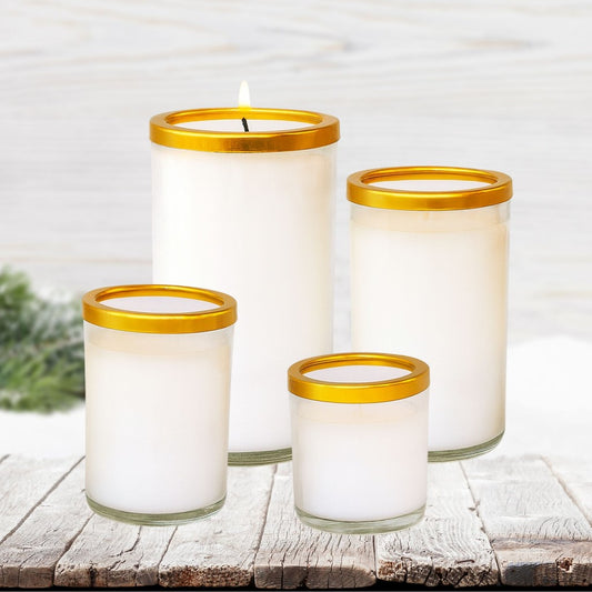 Smokeless White Glass Candle with Gold Rim – Available in 4 Sizes – Clean Burning Tapered Wax