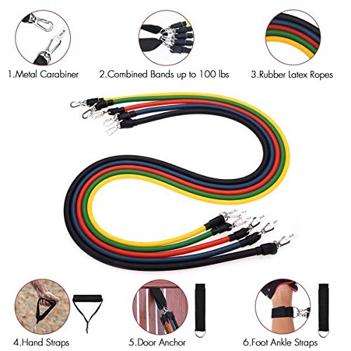 Resistance Bands Set for Home Gym Workout - 11Pcs Exercise Bands with Handles, Door Anchor & Bag