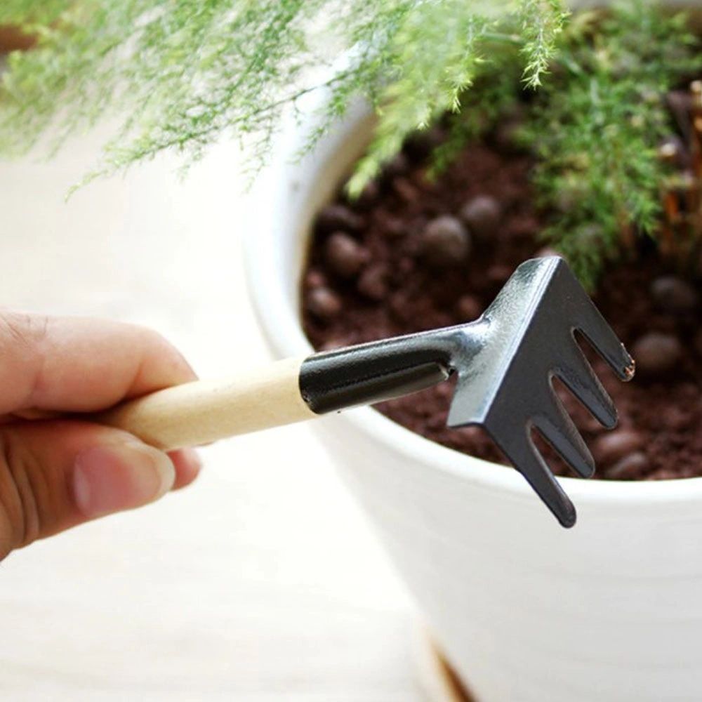 3pcs Mini Long Handle Garden Tool Sets Mini Shovel Rake Spade Wooden Handle Metal Head