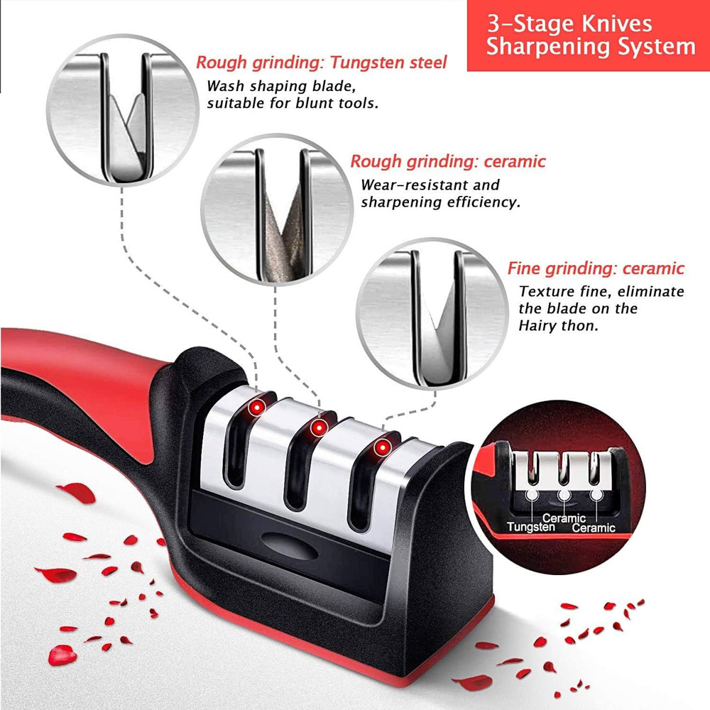 3-Stage Knife Sharpener Professional Kitchen Tool for Straight Blades – Manual Sharpening for Chef & Home Use