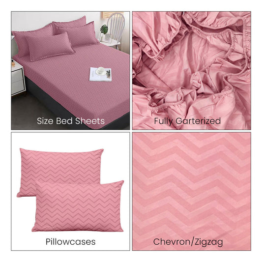 3-in-1 Plain Candle Peach Zigzag Bedsheet Set – Fully Garterized Fitted Sheet with 2 Chevron Design Pillowcases