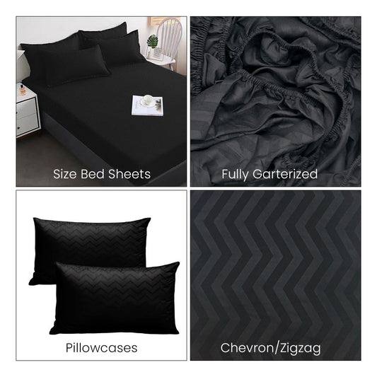 3-in-1 Plain Black Zigzag Bedsheet Set – Fully Garterized Fitted Sheet with 2 Chevron Design Pillowcases