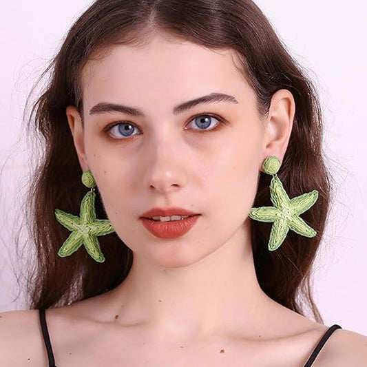 Handmade Bohemian Raffia Starfish Drop Earrings Tropical Beach-Inspired Dangle Jewelry