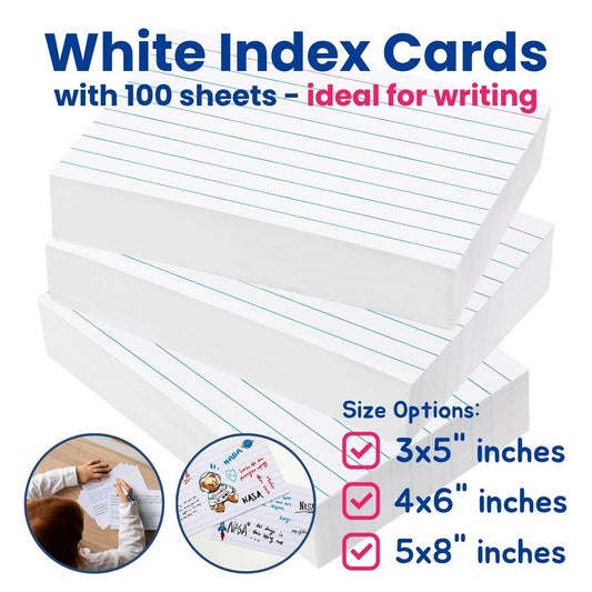 Costa Verde White Index Cards 3x5 4x6 5x8 100 Sheets 120GSM Ruled Lined Study Notes Flashcards