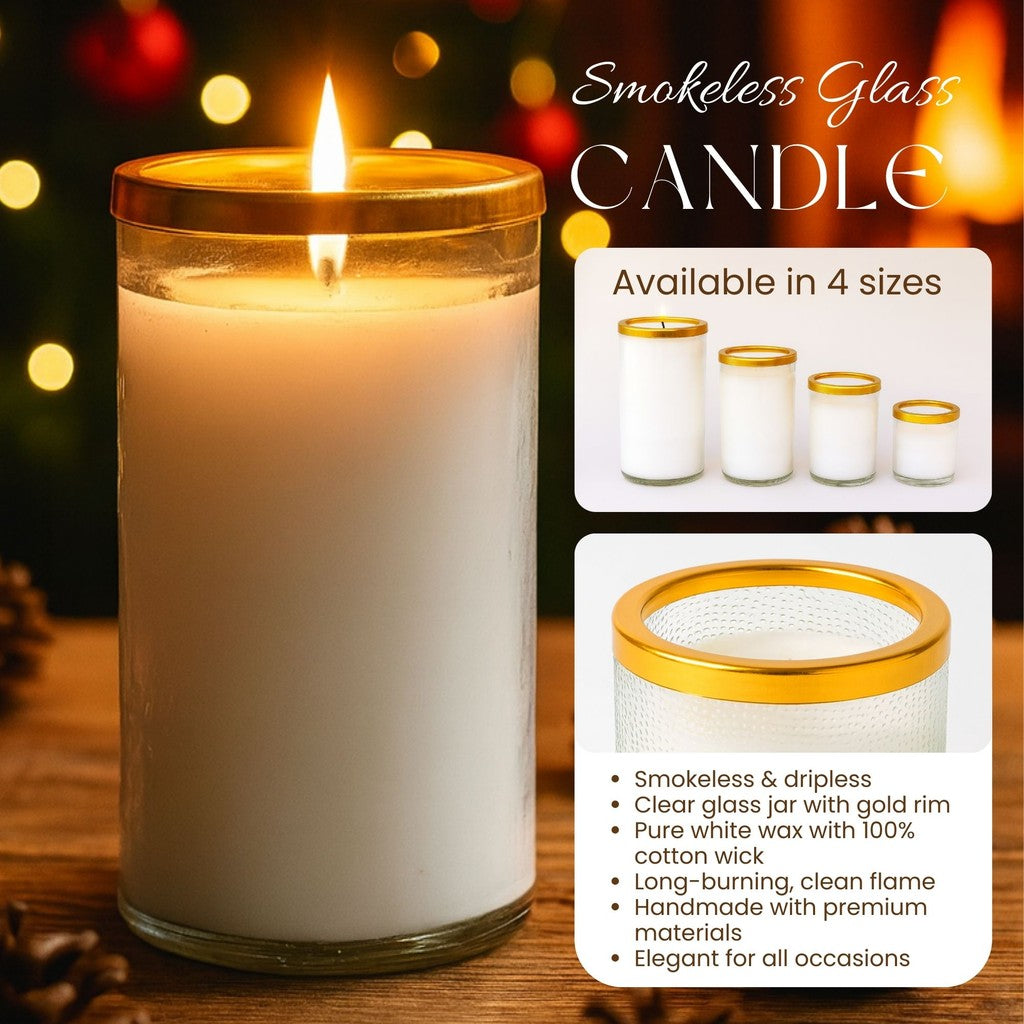 Smokeless White Glass Candle with Gold Rim – Available in 4 Sizes – Clean Burning Tapered Wax