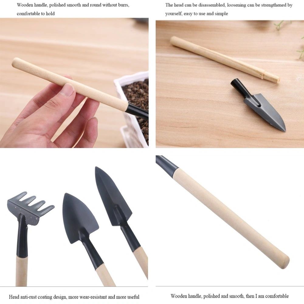 3pcs Mini Long Handle Garden Tool Sets Mini Shovel Rake Spade Wooden Handle Metal Head