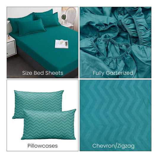 3-in-1 Plain Mint Zigzag Bedsheet Set – Fully Garterized Fitted Sheet with 2 Chevron Design Pillowcases