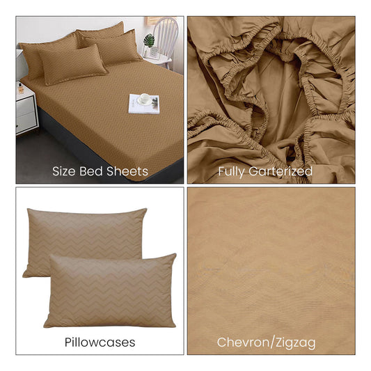 3-in-1 Plain Iced Coffee Zigzag Bedsheet Set – Fully Garterized Fitted Sheet with 2 Chevron Design Pillowcases