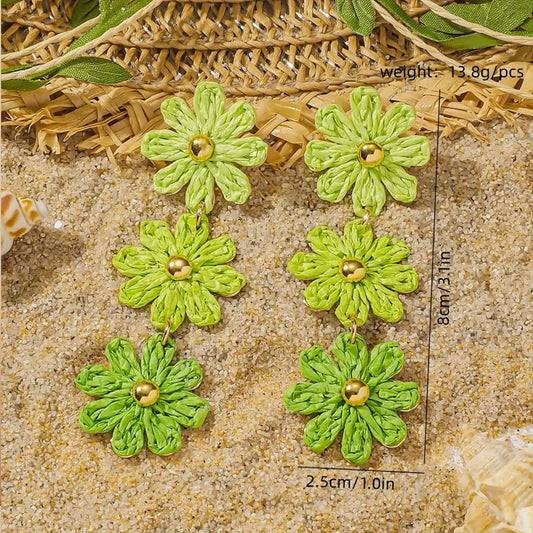 Vintage Colorful Stereo Three-Layer Flowers Hand Woven Raffia Stud Earrings Beach Vacation