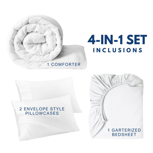 4-in-1 Bed Sheet Set: 1 Fitted Sheet with Garter, 2 Pillowcases, and 1 Comforter / SARA