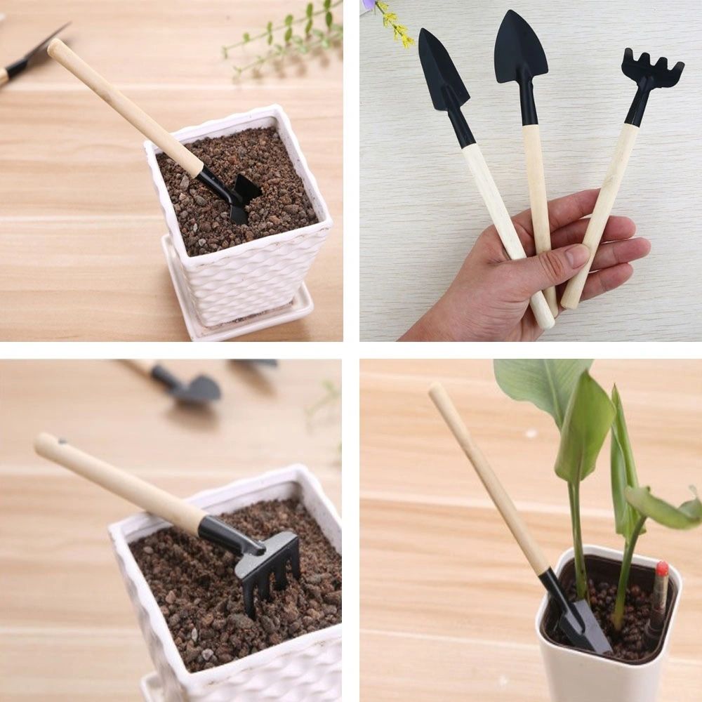 3pcs Mini Long Handle Garden Tool Sets Mini Shovel Rake Spade Wooden Handle Metal Head