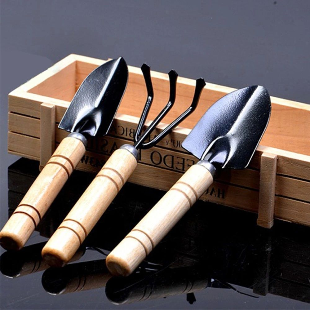Mini Gardening Tools Set - Small Shovel, Rake & Trowel with Wooden Handle for Home & Plant Care