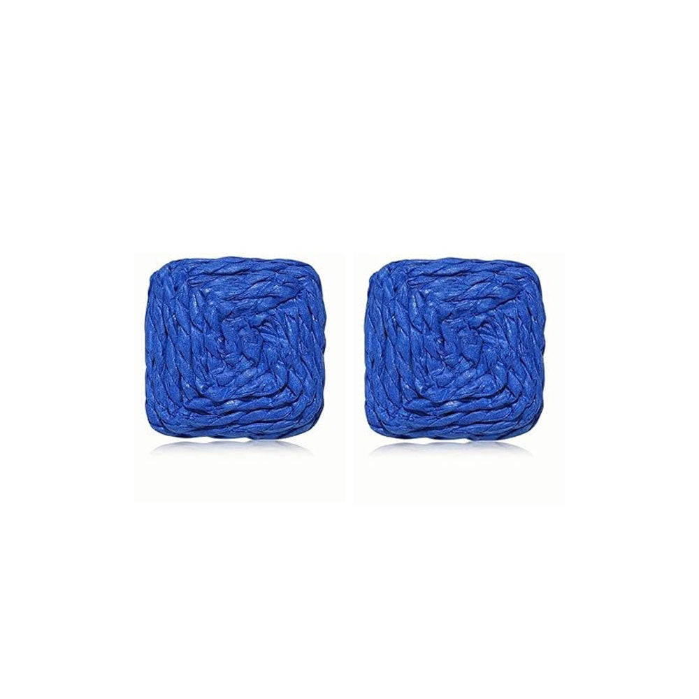 Handmade Boho Raffia Straw Woven Square Stud Earrings Minimalist Rattan Jewelry for Women