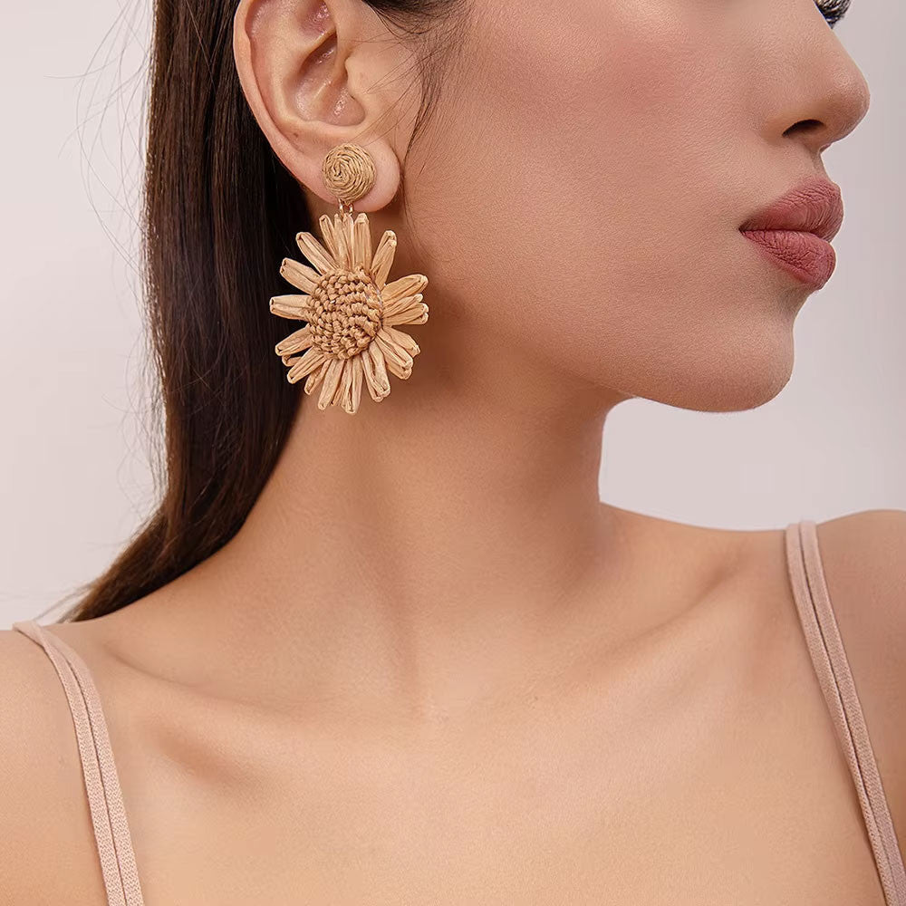 Lafite Woven Flower Earrings – Handmade Bohemian Style Pendant Earrings for Women