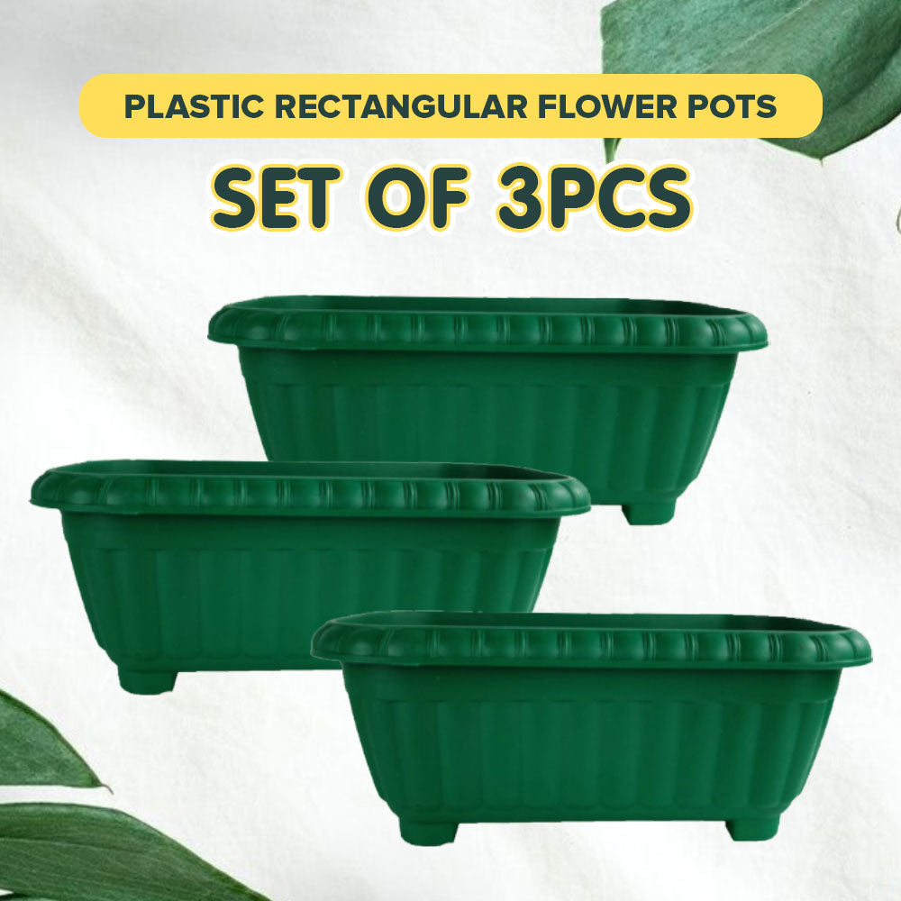 Set of 3 Plastic Rectangular Flower Pots - Durable Green Planters for Indoor & Outdoor Gardening, Herbs, and Vegetables