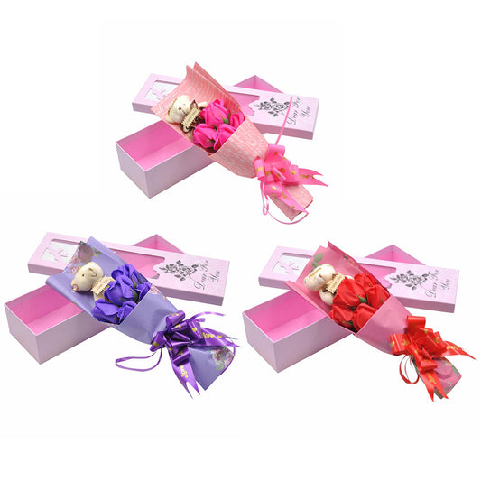 1pc Bear Valentines Romantic Rose Bouquet Flowers Artificial Roses Gift Box Birthday Gift