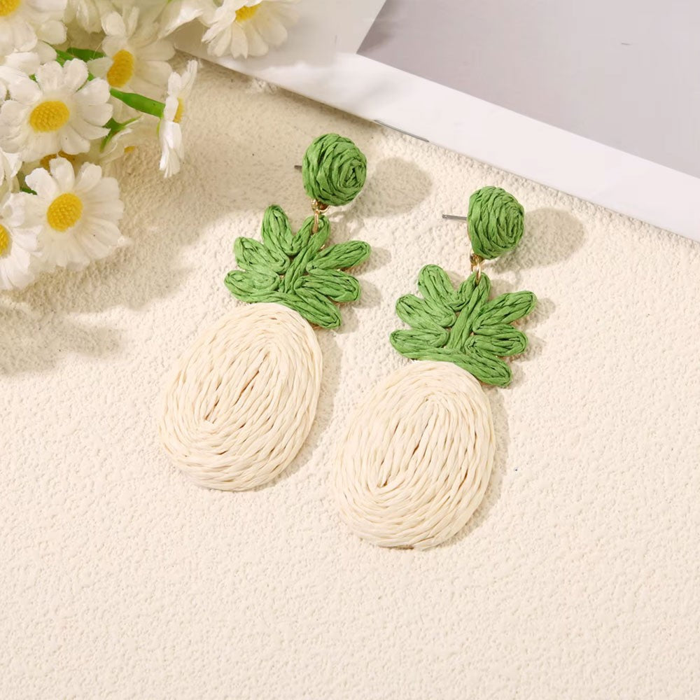 Bohemian Fashion Rattan Braid Flower & Pineapple Shaped Pendant Earrings Handmade Straw Raffia Woven