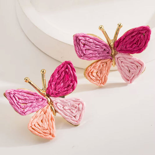 Bohemian Multicolor Rattan Knit Raffia Butterfly Wings Dangle Earrings Beach Jewelry for Women