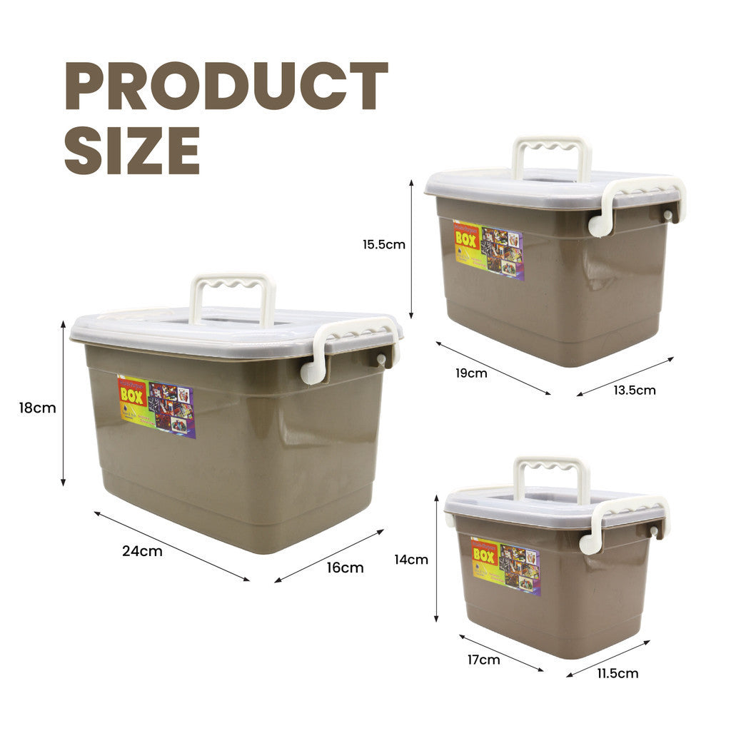 Set of 3 Multipurpose Storage Box Plastic 2.4L,3.5L ,6.5L Storage Box w/Handle School Kit