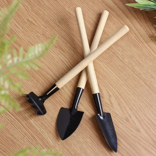 3pcs Mini Long Handle Garden Tool Sets Mini Shovel Rake Spade Wooden Handle Metal Head