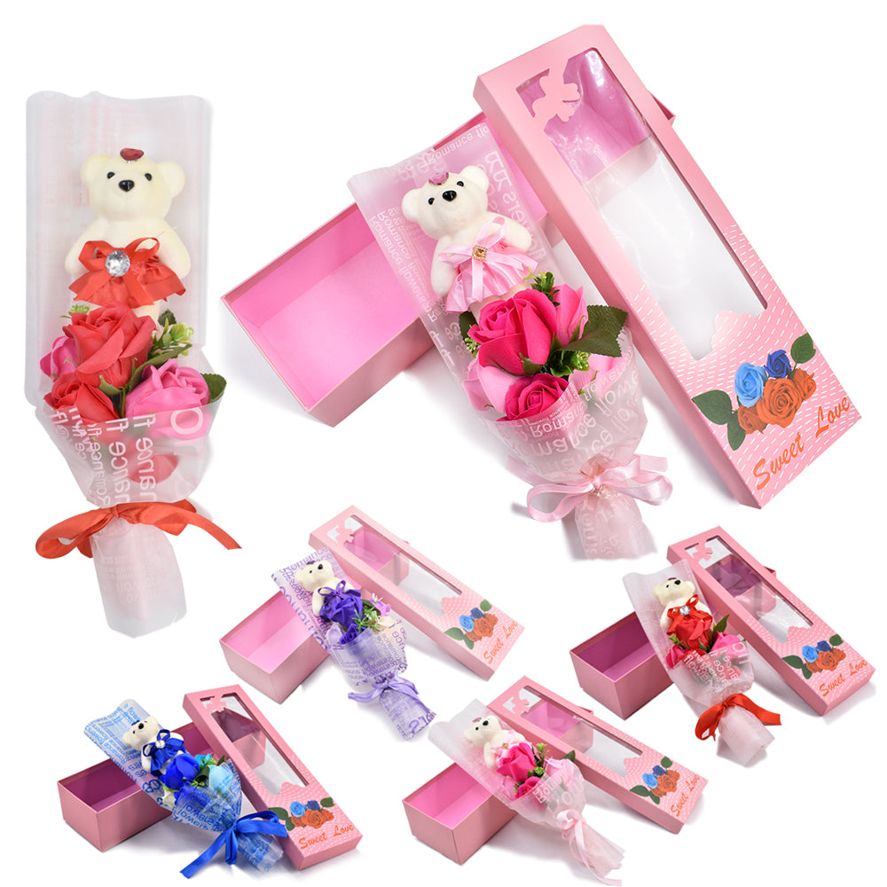 1pc Bear Valentines Romantic Rose Bouquet Flowers Artificial Roses Gift Box Birthday Gift