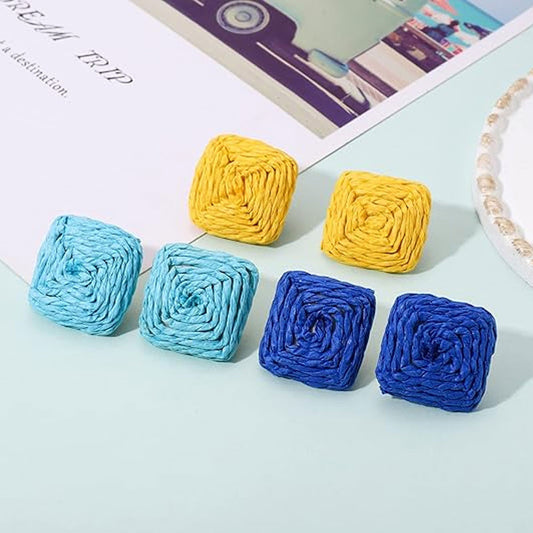 Handmade Boho Raffia Straw Woven Square Stud Earrings Minimalist Rattan Jewelry for Women