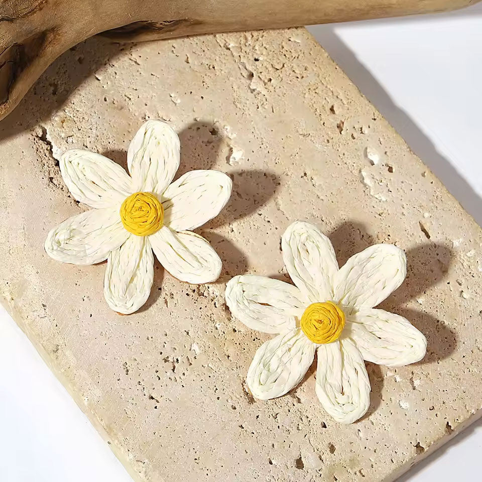 Cute Handmade Woven Sunflower Stud Earrings – Raffia Flower Earrings for Women, Beach Vacation