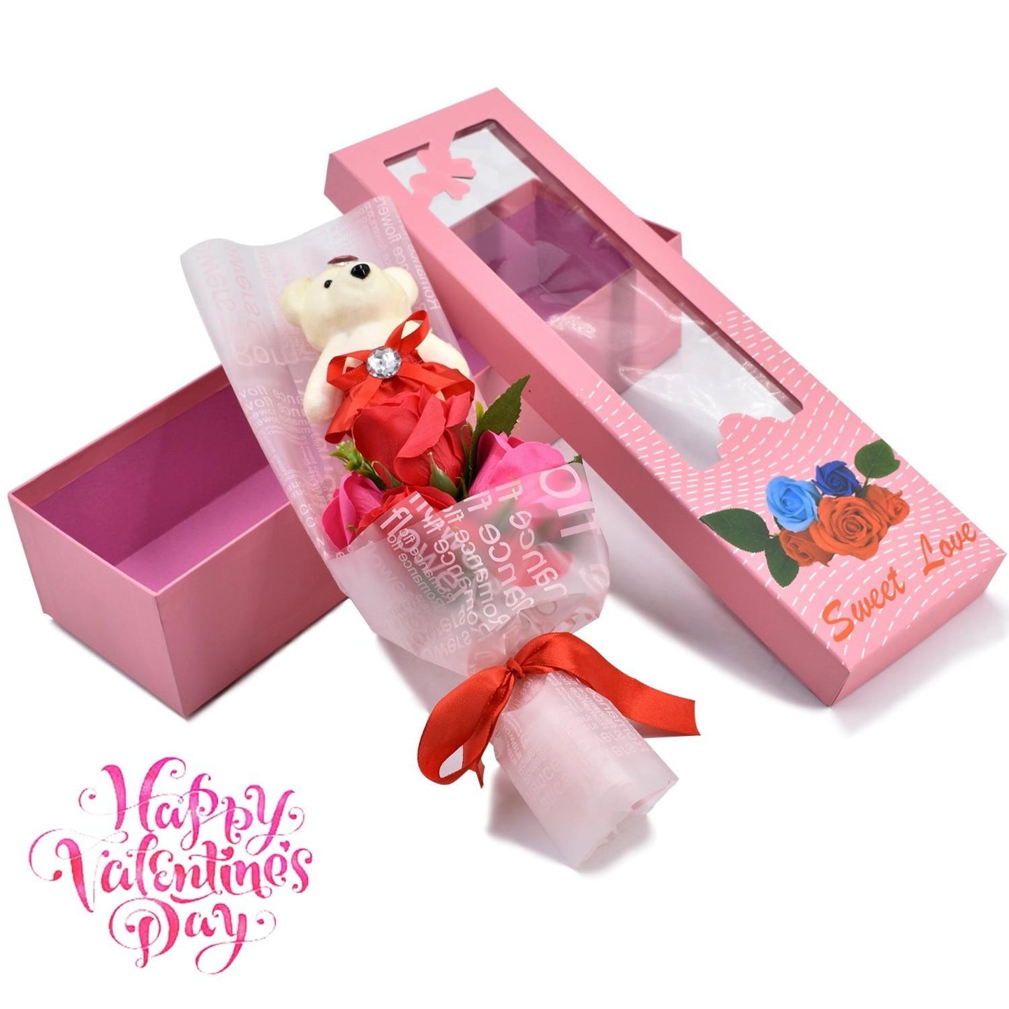 1pc Bear Valentines Romantic Rose Bouquet Flowers Artificial Roses Gift Box Birthday Gift