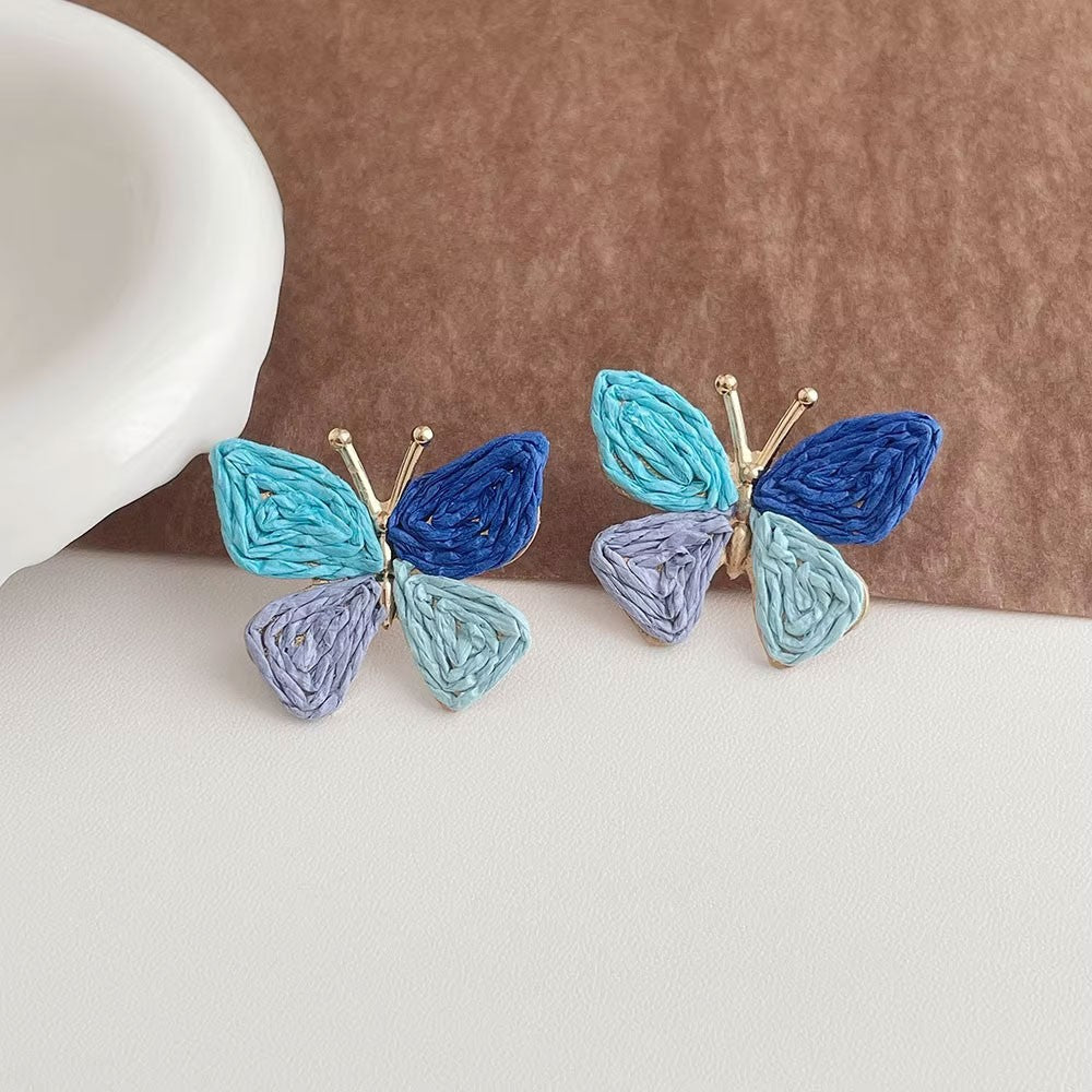 Bohemian Multicolor Rattan Knit Raffia Butterfly Wings Dangle Earrings Beach Jewelry for Women