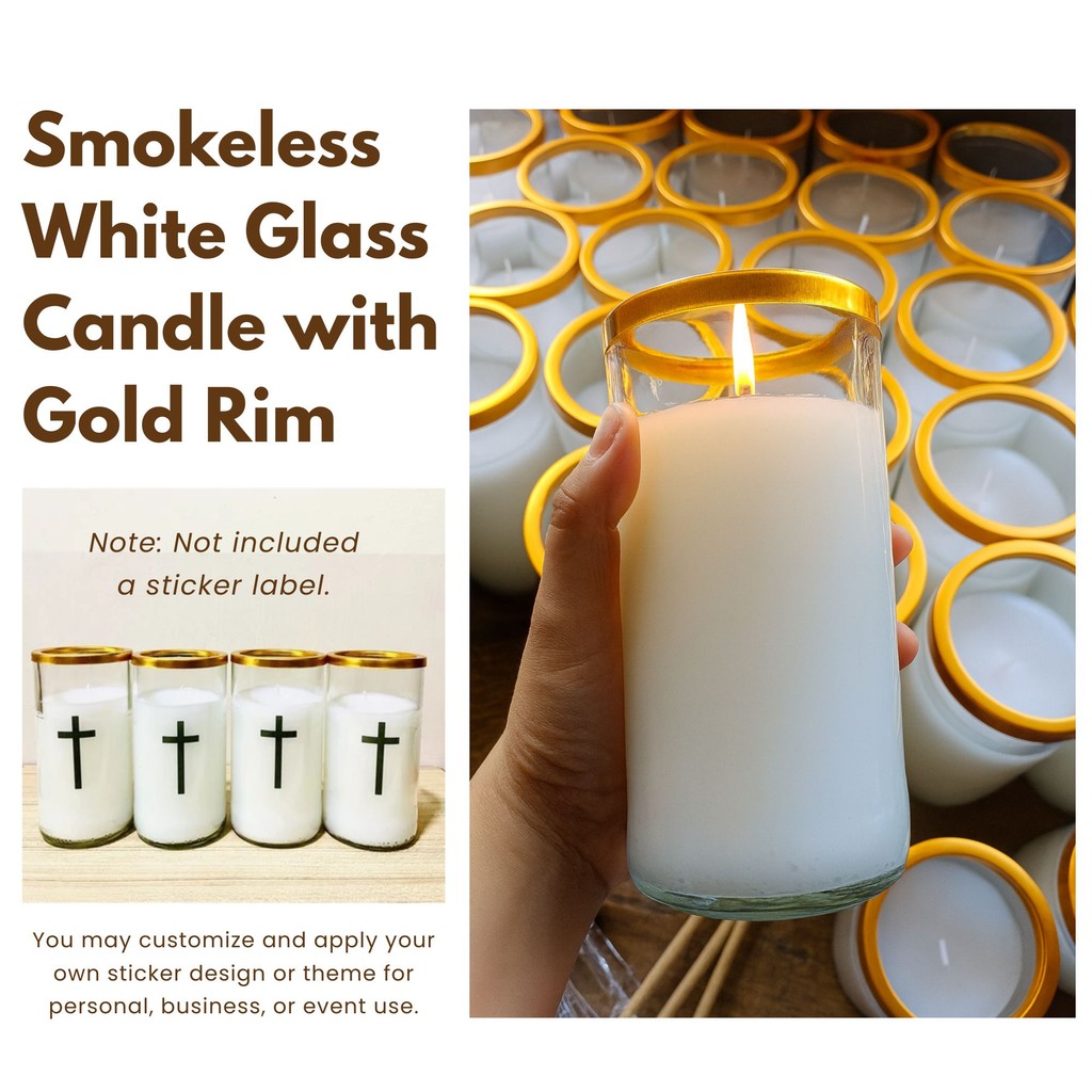 Smokeless White Glass Candle with Gold Rim – Available in 4 Sizes – Clean Burning Tapered Wax