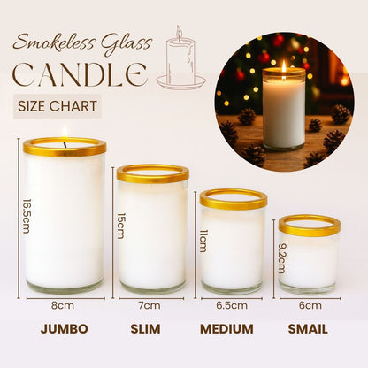 Smokeless White Glass Candle with Gold Rim – Available in 4 Sizes – Clean Burning Tapered Wax